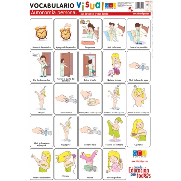 Lámina de vocabulario visual. Autonomía personal: Me levanto y me baño