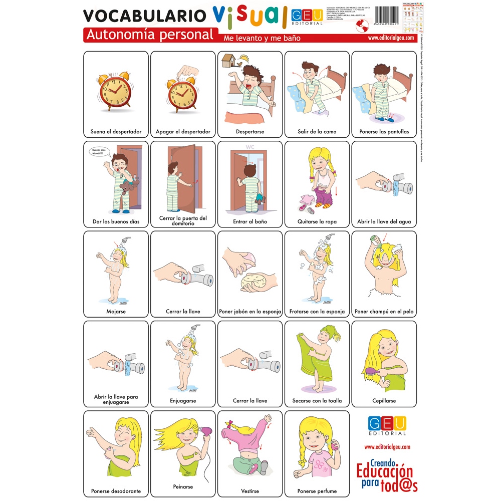Lámina de vocabulario visual. Autonomía personal: Me levanto y me baño