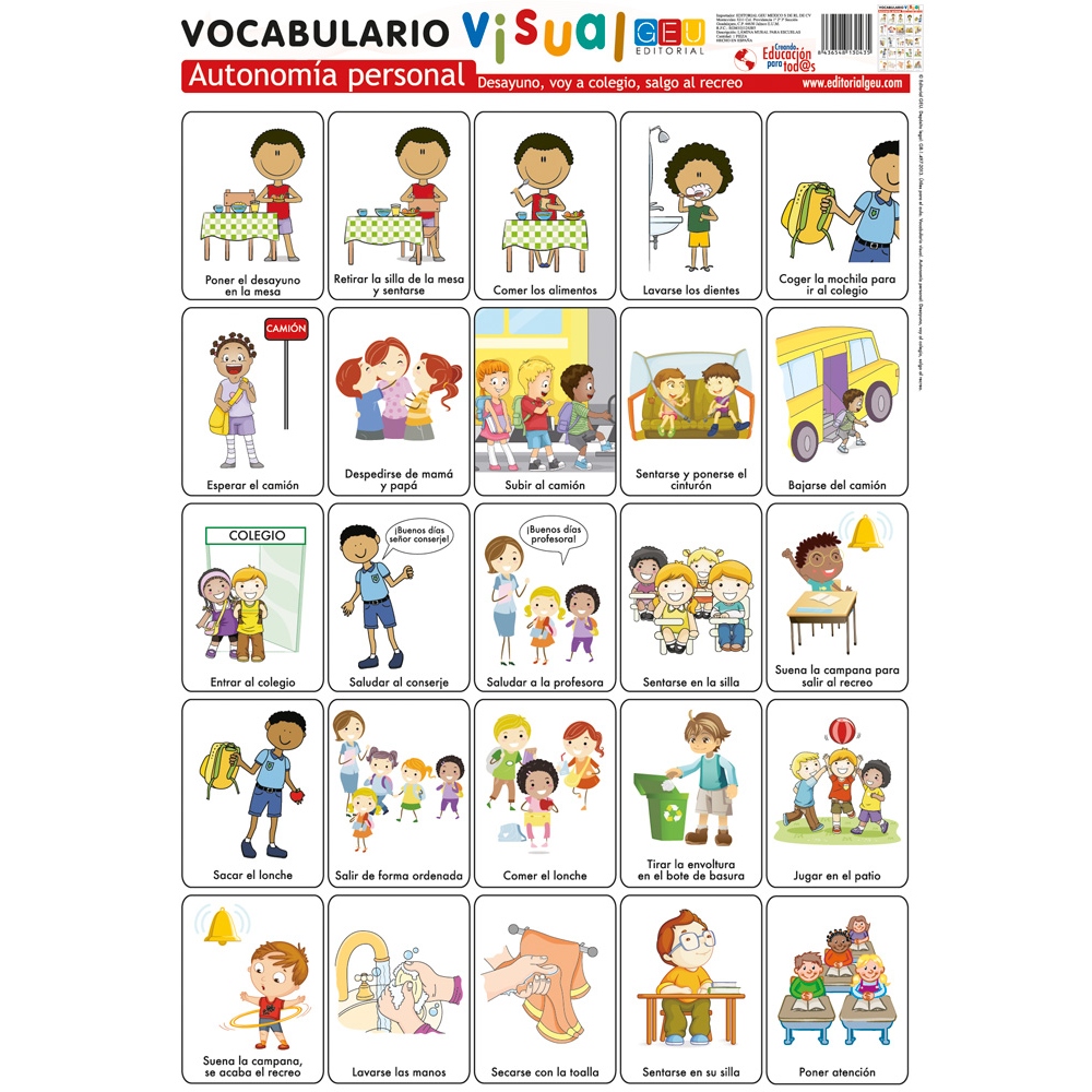 Lámina de vocabulario visual. Autonomía personal: Desayuno, voy al colegio, salgo al recreo