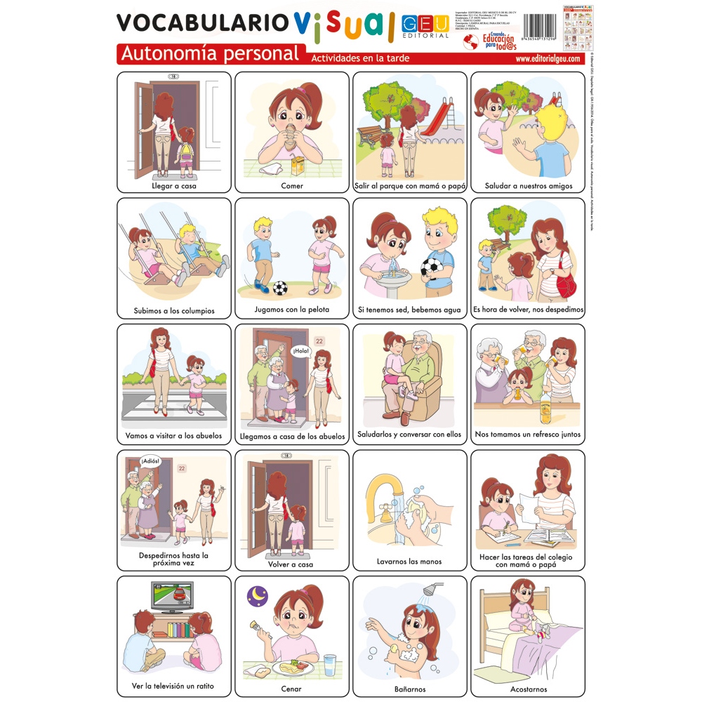 Lámina de vocabulario visual. Autonomía personal: Actividades en la tarde