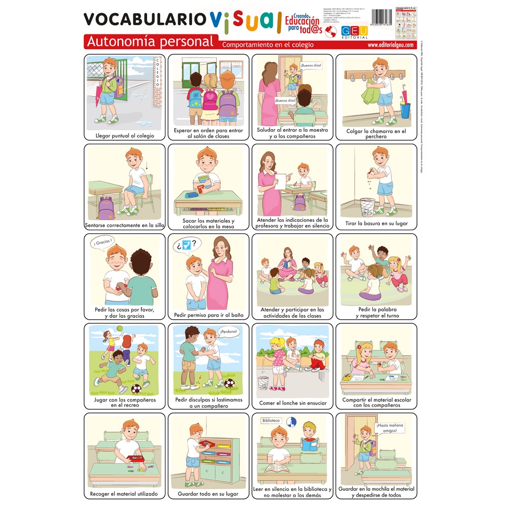 Lámina de vocabulario visual. Autonomía personal: Comportamiento en el colegio